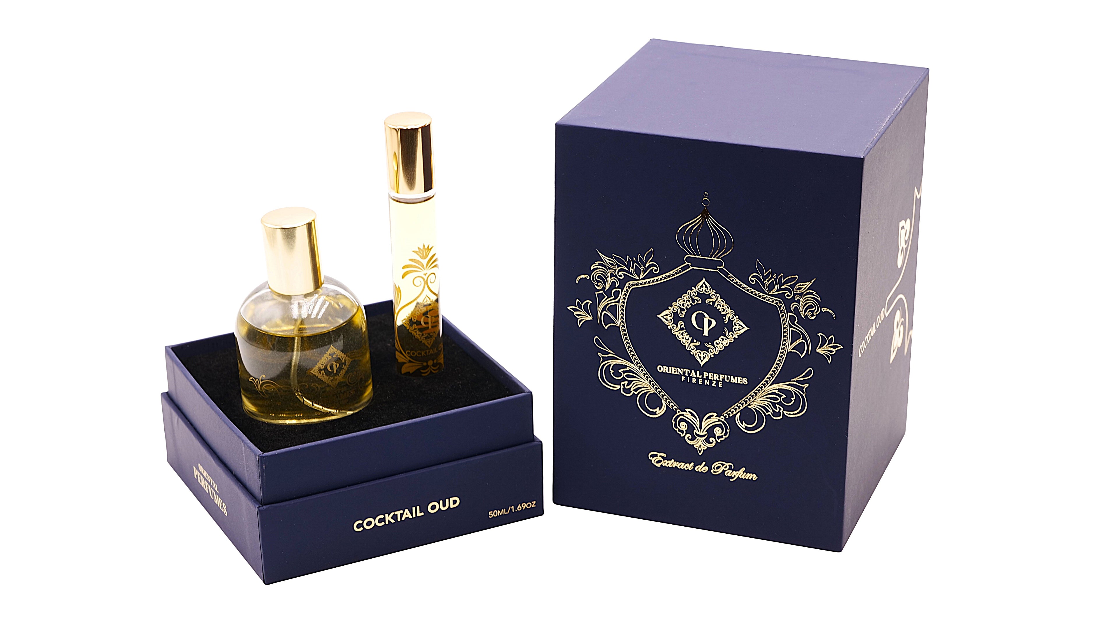 Elegante confezione blu e oro per il formato da 50ml di Cocktail Oud di Oriental Perfumes Firenze, che mette in risalto il design premium italiano, perfetto come prezioso souvenir di profumo a Firenze.