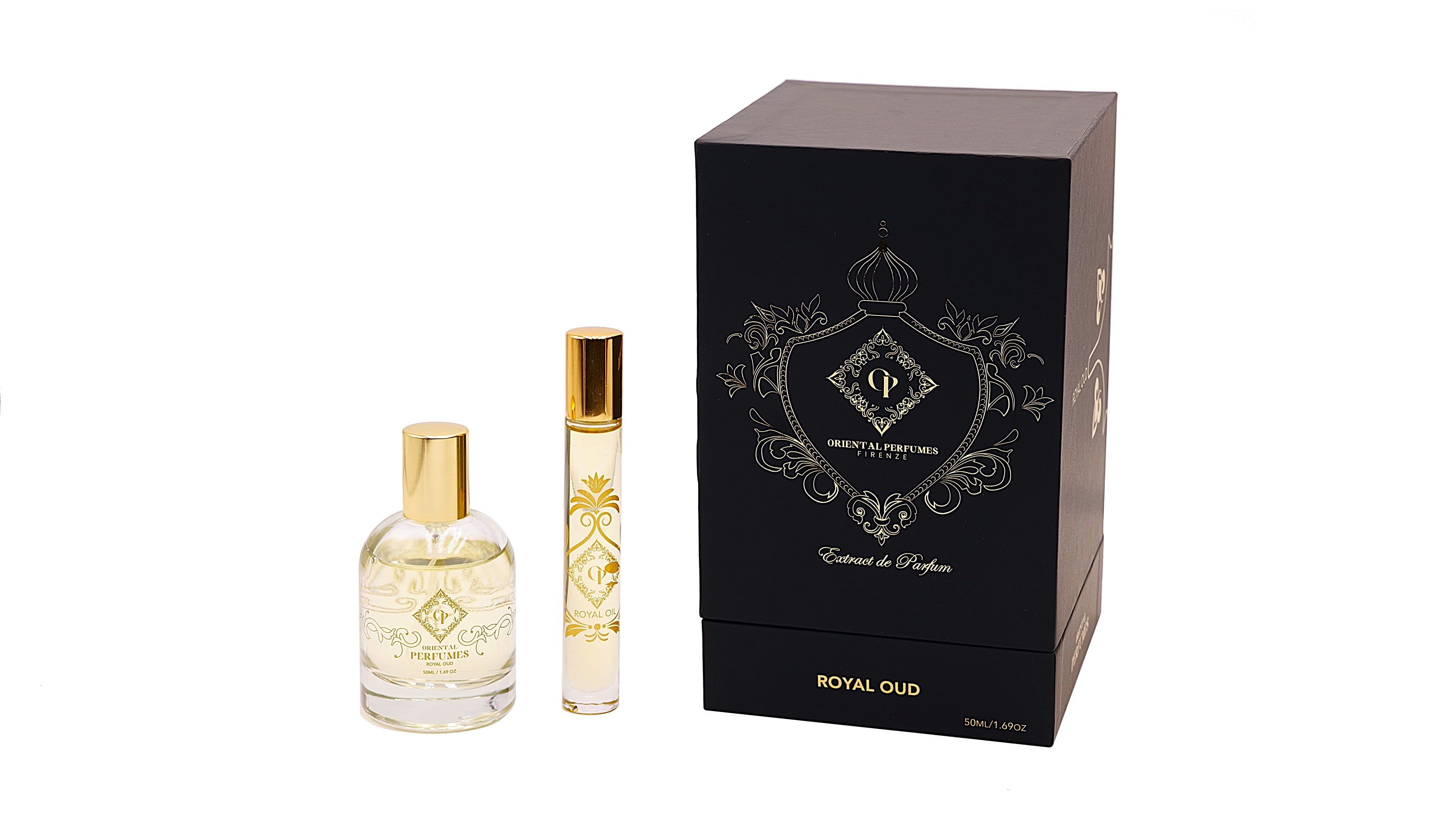 Un'esposizione di lusso di Royal Oud 25% Extrait de Parfum nel formato da 50ml di Oriental Perfumes Firenze, che racchiude l'essenza della profumeria artistica e del lusso artigianale fatto a mano.
