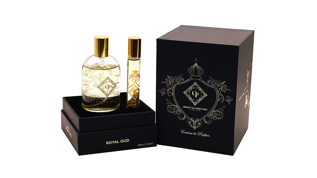 Royal Oud di Oriental Perfumes—un maestoso 25% Extrait de Parfum e autentico Oud di Firenze, ispirato alla tradizione dell'alta profumeria artigianale toscana, presentato nel flacone da 100ml