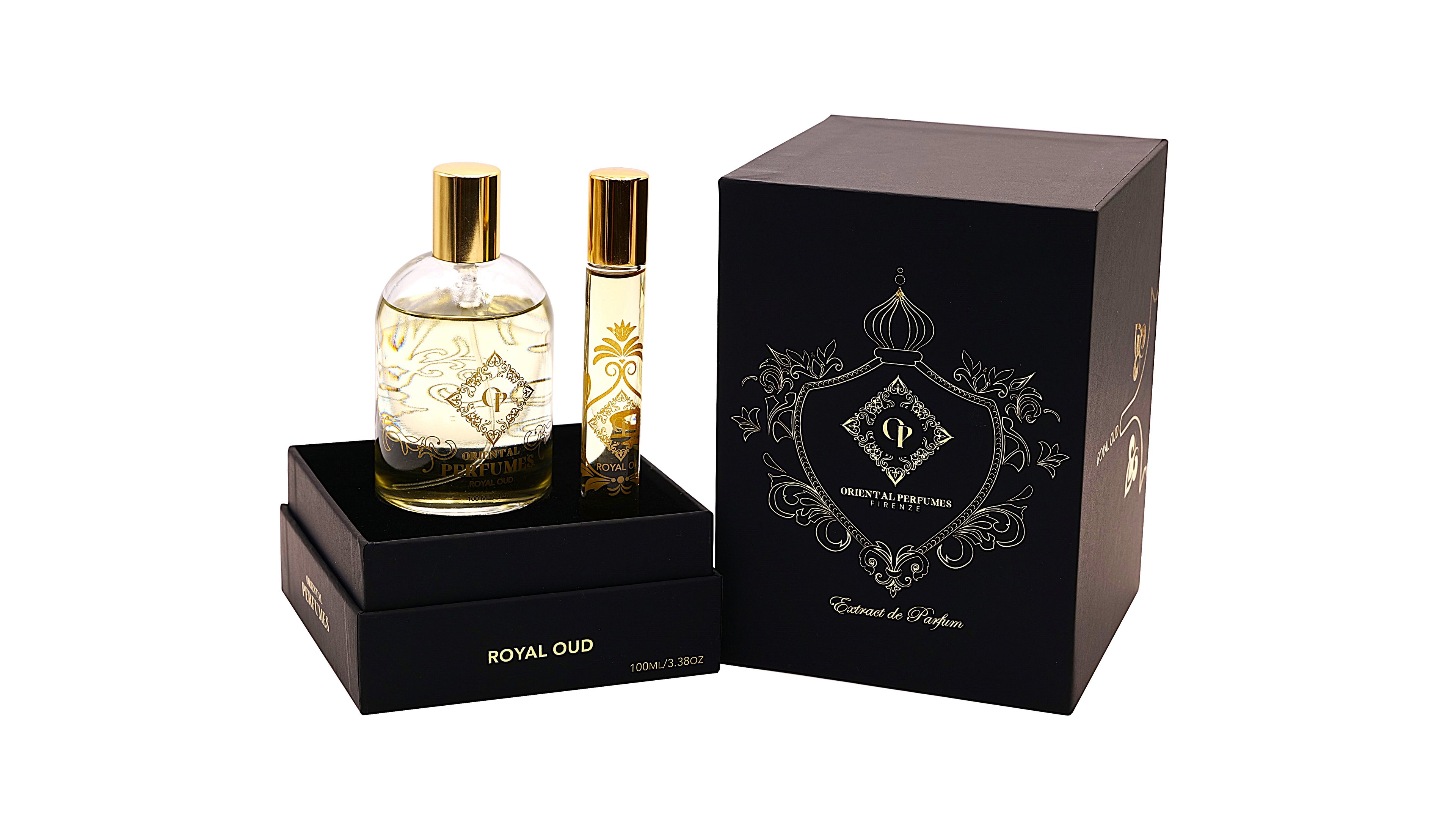 Royal Oud di Oriental Perfumes—un maestoso 25% Extrait de Parfum e autentico Oud di Firenze, ispirato alla tradizione dell'alta profumeria artigianale toscana, presentato nel flacone da 100ml