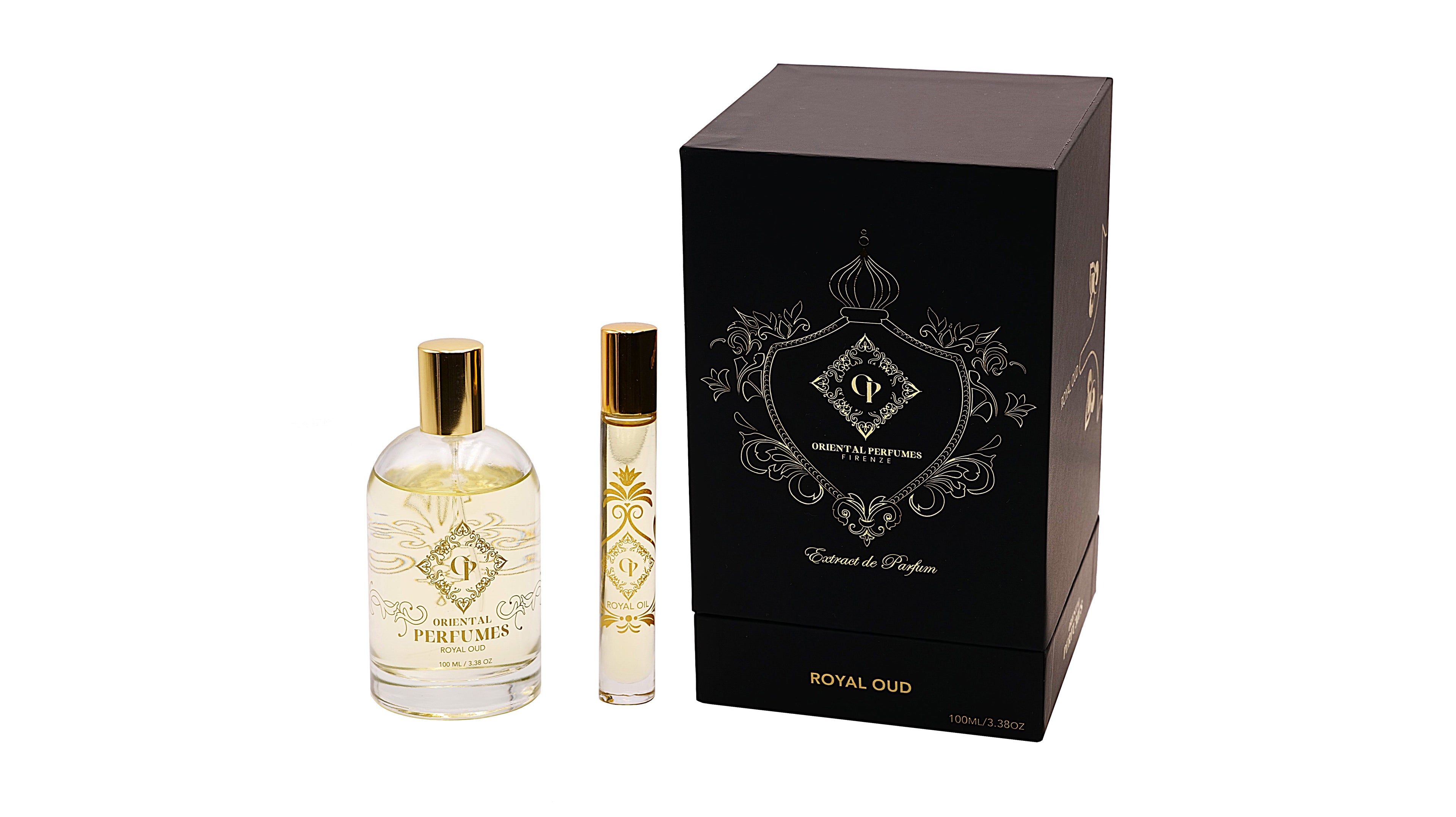 Il flacone da 100ml di Royal Oud accanto al travel spray da viaggio e alla lussuosa confezione regalo nera opaca con stemma dorato firmata Oriental Perfumes Firenze—un perfetto regalo di profumo o souvenir a Firenze.